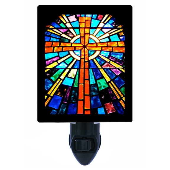 Night Light - Stained Glass Cross. | Religious Theme, Includes Free Switchable Insert, 4W Bulb, E12 Base