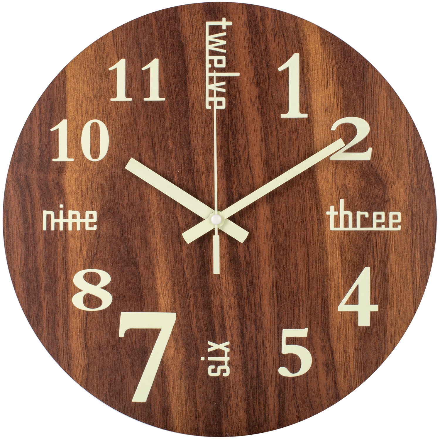 Night Light Wall Clock, 12 Inch Small Retro Glow in The Dark Wooden