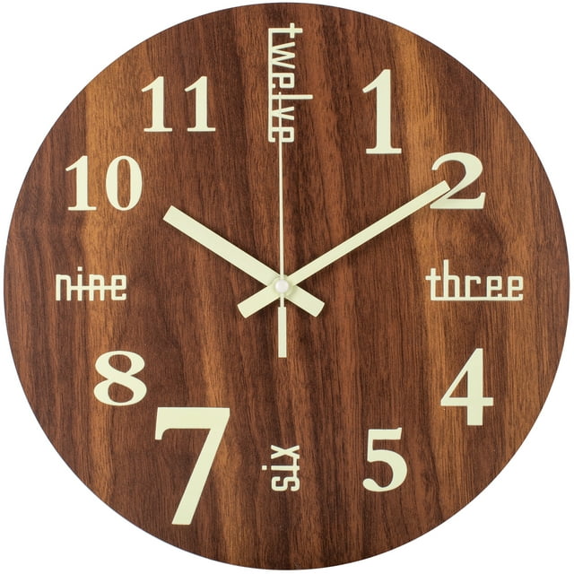 Night Light Wall Clock, 12 Inch Small Retro Glow in The Dark Wooden Wall Clock, Silent Battery