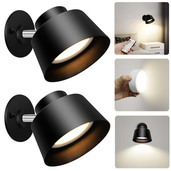 Night Light Wireless Wall Light Indoor LED 2 Pack - Battery Operated Touch Dimmable Lamps with Remote for Bedroom Livingroom (Black, 2 Pack)