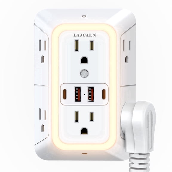 Night Light Outlet Extender Power Strip With Surge Protection 6 Outlet Splitter 4 USB Wall Charger Multi Plug Expander Wall Plug Adapter for Indoor Home Travel Office