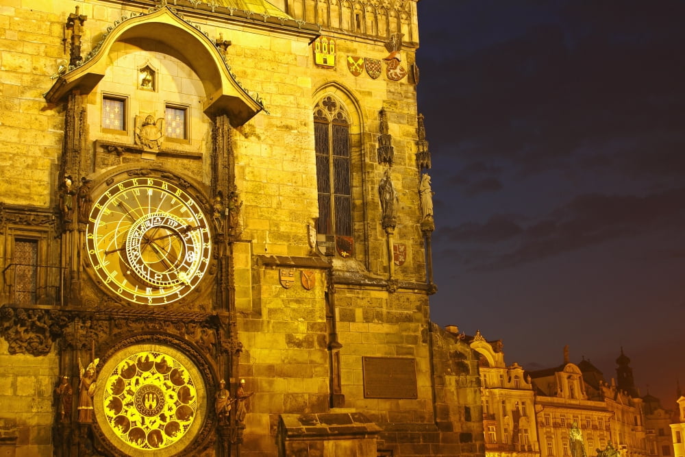 Night Lights Of The Astronomical Clock On The Old Town Hall In The Old Town Square Or Stare Mesto Prague Czech Republic Canvas Art - Trish Punch  Design Pics (19 x 12)