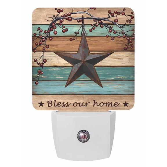Night Lights Auto Sensor Barn Star Berry Plug-in LED Nightlights Lamp Dusk to Dawn for Living Room, Bedroom, Bathroom, Hallway, Stairways Home Wall Decor, Retro Teal Green Wood Grain Night Light