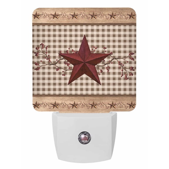 Night Lights Auto Sensor Barn Star Berry Plug-in LED Nightlights Lamp Dusk to Dawn for Living Room, Bedroom, Bathroom, Hallway, Stairways Home Wall Decor, Wooden Brown Buffalo Plaid Night Light