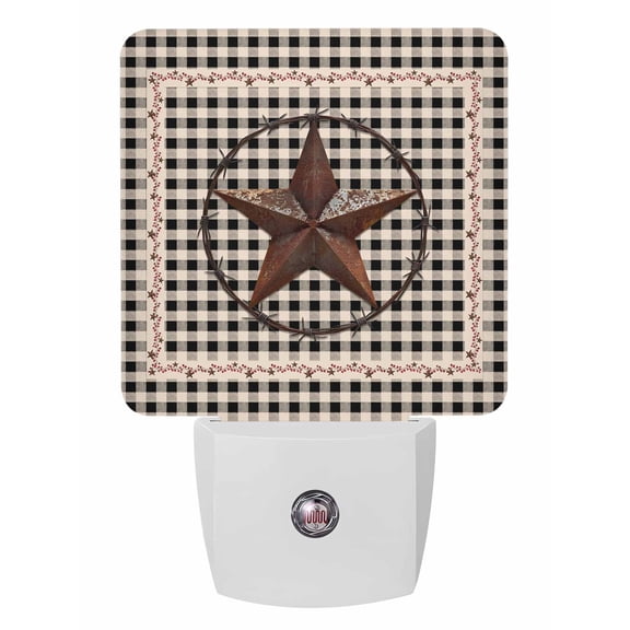 Night Lights Auto Sensor Barn Star Retro Plug-in LED Nightlights Lamp Dusk to Dawn for Living Room, Bedroom, Bathroom, Hallway, Stairways Home Wall Decor, Berry Black Buffalo Plaid Night Light