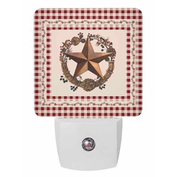 Night Lights Auto Sensor Barn Star Texas Plug-in LED Nightlights Lamp Dusk to Dawn for Living Room, Bedroom, Bathroom, Hallway, Stairways Home Wall Decor, Berry Wreath Country Red Plaid Night Light