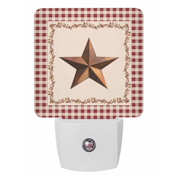 Night Lights Auto Sensor Barn Star Texas Plug-in LED Nightlights Lamp Dusk to Dawn for Living Room, Bedroom, Bathroom, Hallway, Stairways Home Wall Decor, Berry Retro Country Red Plaid Night Light