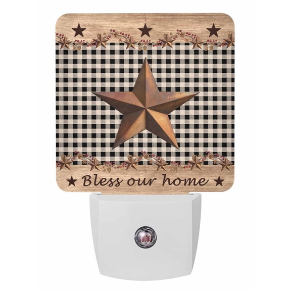Night Lights Auto Sensor Barn Stars Berry Plug-in LED Nightlights Lamp Dusk to Dawn for Living Room, Bedroom, Bathroom, Hallway, Stairways Wall Decor, Farmhouses Rustic Wood Black Plaid Night Light