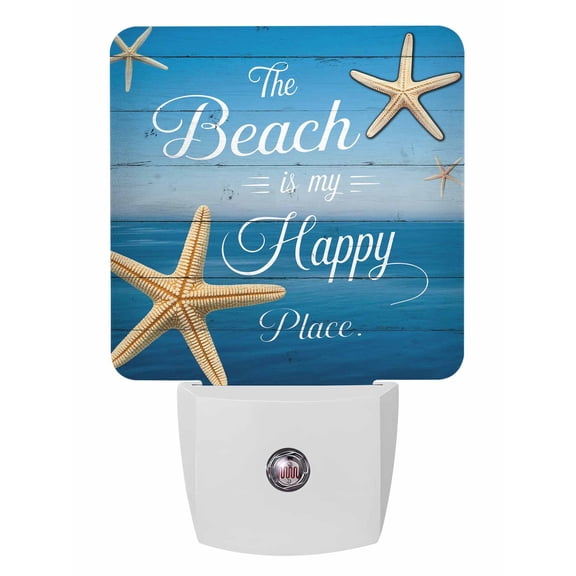 Night Lights Auto Sensor The Beach Is My Happy Place Plug-in LED Nightlights Lamp Dusk to Dawn for Living Room, Bedroom, Bathroom, Hallway, Stairways Wall Decor, Ocean Starfish Blue Wood Night Light