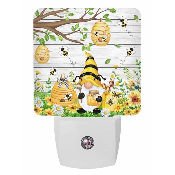 Night Lights Auto Sensor Bee Gnome Plug-in LED Nightlights Lamp Dusk to Dawn for Living Room, Bedroom, Bathroom, Hallway, Stairways Home Wall Decor, Sunflower Daisy Flower Wood Honeycomb Night Light