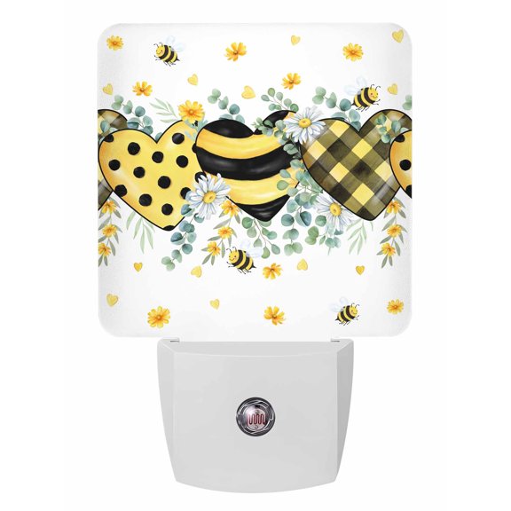 Night Lights Auto Sensor Bee Love Heart Plug-in LED Nightlights Lamp Dusk to Dawn for Living Room, Bedroom, Bathroom, Hallway, Stairways Home Wall Decor, Daisy Floral Eucalyptus Leaves Night Light