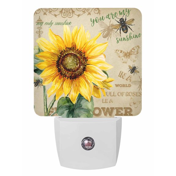 Night Lights Auto Sensor Bee Sunflower Plug-in LED Nightlights Lamp Dusk to Dawn for Living Room, Bedroom, Bathroom, Hallway, Stairways Home Wall Decor, My Sunshine Vintage Night Light