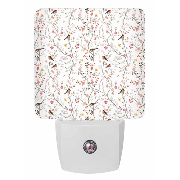 Night Lights Auto Sensor Bird Tree Branch Plug-in LED Nightlights Lamp Dusk to Dawn for Living Room, Bedroom, Bathroom, Hallway, Stairways Home Wall Decor, Pink Floral Leaves Night Light