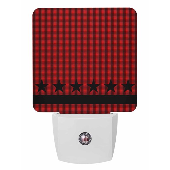 Night Lights Auto Sensor Black Stars Buffalo Plaid Plug-in LED Nightlights Lamp Dusk to Dawn for Living Room, Bedroom, Bathroom, Hallway, Stairways Home Wall Decor, Red Checkered Night Light