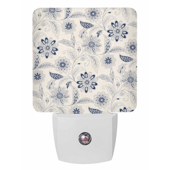 Night Lights Auto Sensor Blue Paisley Pattern Plug-in LED Nightlights Lamp Dusk to Dawn for Living Room, Bedroom, Bathroom, Hallway, Stairways Wall Decor, Boho Tribal Vintage Flowers Night Light