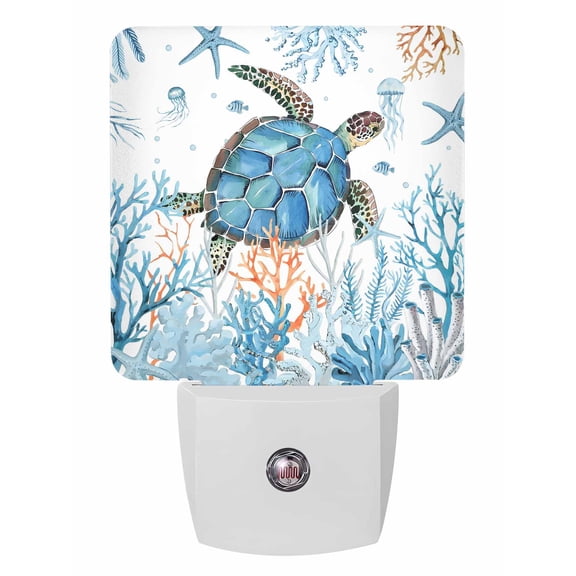 Night Lights Auto Sensor Blue Turtle Plug-in LED Nightlights Lamp Dusk to Dawn for Living Room, Bedroom, Bathroom, Hallway, Stairways Home Wall Decor, Cora Marine Life Fish Seagrass Night Light