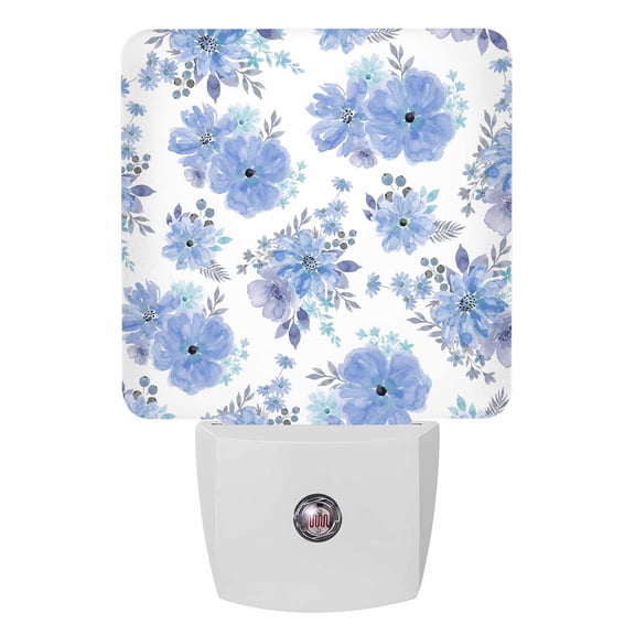 Night Lights Auto Sensor Blue Watercolor Floral Plug-in LED Nightlights Lamp Dusk to Dawn for Living Room, Bedroom, Bathroom, Hallway, Stairways Home Wall Decor, Spring Flower Leaves Night Light