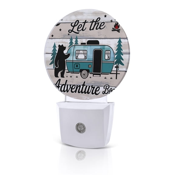 Night Lights Auto Sensor Camper Van Bear Night Light Let The Adventure Begin Wood Grain Moon Round Lamp Plug-in LED Nightlights Dusk to Dawn for Living Room Bedroom Bathroom Hallway Home Wall Decor