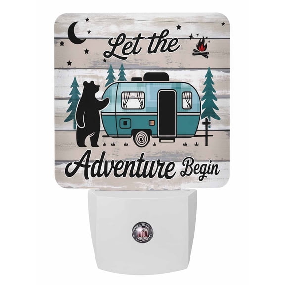 Night Lights Auto Sensor Camper Van Bear Plug-in LED Nightlights Lamp Dusk to Dawn for Living Room, Bedroom, Bathroom, Stairways Wall Decor, Let The Adventure Begin Wood Grain Moon Night Light
