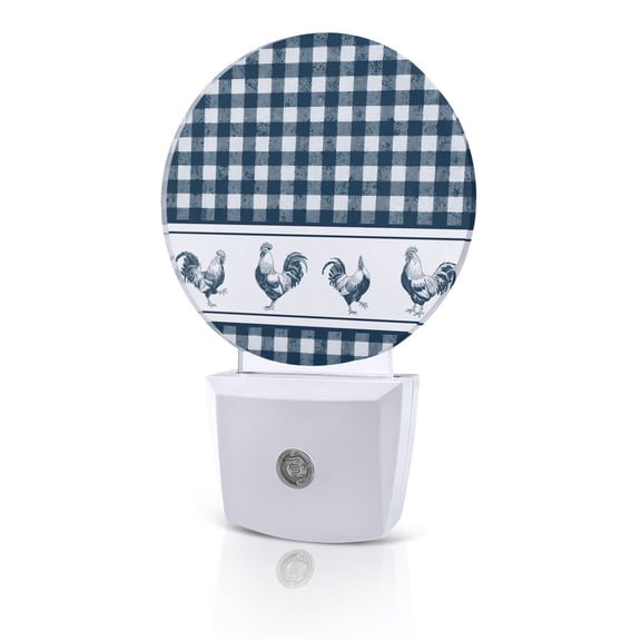 Night Lights Auto Sensor Chicken Cock Rooster Night Light Farmhouse Animal Blue Plaid Round Lamp Plug-in LED Nightlights Dusk to Dawn for Living Room Bedroom Bathroom Hallway Home Wall Decor