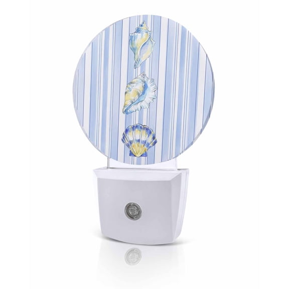 Night Lights Auto Sensor Coastal Shell Conch Night Light Summer Blue Vertical Stripes Round Lamp Plug-in LED Nightlights Dusk to Dawn for Living Room Bedroom Bathroom Hallway Home Wall Decor