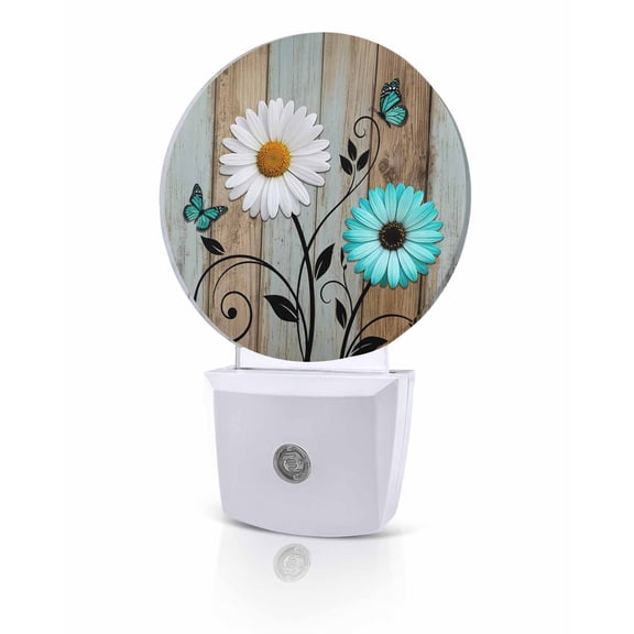 Night Lights Auto Sensor Daisy Flower Butterfly Night Light Brown Rustic Wood Grain Round Lamp Plug-in LED Nightlights Dusk to Dawn for Living Room Bedroom Bathroom Hallway Home Wall Decor