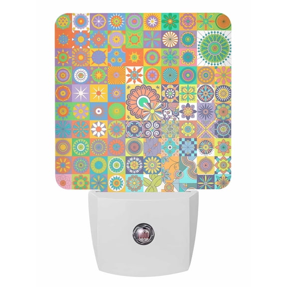 Night Lights Auto Sensor Ethnic Tribal Style Plug-in LED Nightlights Lamp Dusk to Dawn for Living Room, Bedroom, Bathroom, Stairways Wall Decor, Geometric Mantoro Vintage Floral Yellow Night Light
