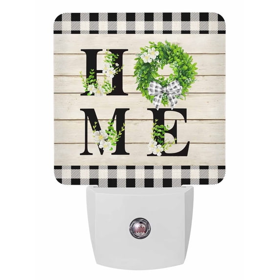 Night Lights Auto Sensor Eucalyptus Leaf Bow Tie Wreath Plug-in LED Nightlights Lamp Dusk to Dawn for Living Room, Bedroom, Bathroom, Hallway, Stairways Home Wall Decor, Wood Plaid Home Night Light