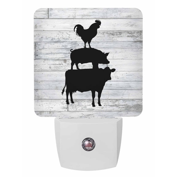 Night Lights Auto Sensor Farm Animal Plug-in LED Nightlights Lamp Dusk to Dawn for Living Room, Bedroom, Bathroom, Hallway, Stairways Home Wall Decor, Cow Pig Chicken Rustic Wood Grain Night Light
