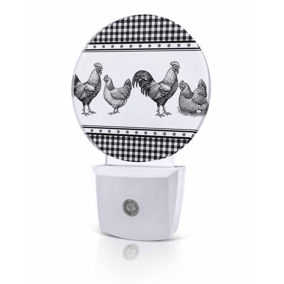 Night Lights Auto Sensor Farm Rooster Night Light Farmhouse Animal Black Plaid Round Lamp Plug-in LED Nightlights Dusk to Dawn for Living Room Bedroom Bathroom Hallway Home Wall Decor