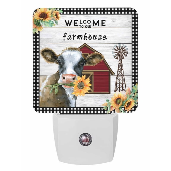 Night Lights Auto Sensor Farmhouse Cow Plug-in LED Nightlights Lamp Dusk to Dawn for Living Room, Bedroom, Bathroom, Stairways Wall Decor, Sunflower Barn Windmill Plaid Retro Wood Night Light