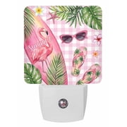 Night Lights Auto Sensor Flamigo Flip Flops Plug-in LED Nightlights Lamp Dusk to Dawn for Living Room, Bedroom, Bathroom, Hallway, Stairways Wall Decor, Summer Palm Leaves Pink Plaid Night Light