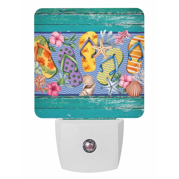 Night Lights Auto Sensor Flip Flops Plug-in LED Nightlights Lamp Dusk to Dawn for Living Room, Bedroom, Bathroom, Hallway, Stairways Wall Decor, Slippers Summer Holidays Marine Life Wood Night Light