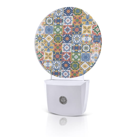 Night Lights Auto Sensor Floral Geometric Night Light Vintage Color Flower Ceramic Brick Round Lamp Plug-in LED Nightlights Dusk to Dawn for Living Room Bedroom Bathroom Hallway Home Wall Decor