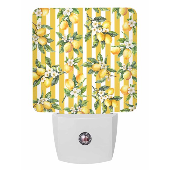 Night Lights Auto Sensor Floral Lemon Plug-in LED Nightlights Lamp Dusk to Dawn for Living Room, Bedroom, Bathroom, Hallway, Stairways Home Wall Decor, Fruit Leaves Yellow Stripes Night Light