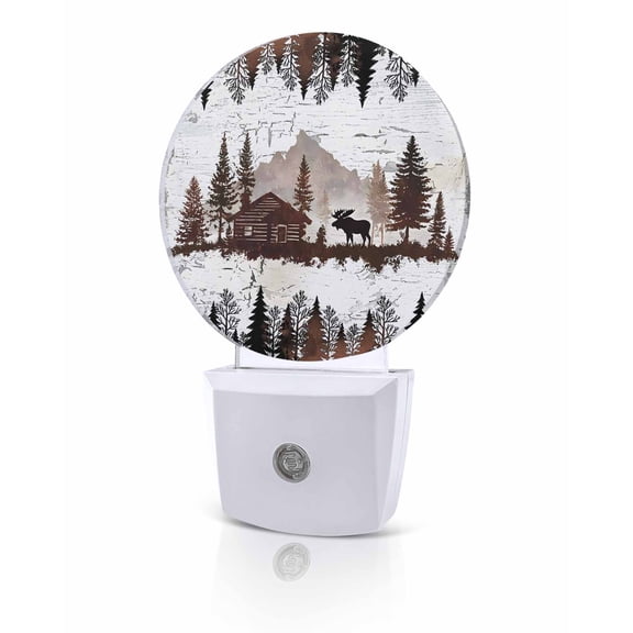 Night Lights Auto Sensor Forest Moose Night Light Log Cabin Animal Pine Tree Woodland Round Lamp Plug-in LED Nightlights Dusk to Dawn for Living Room Bedroom Bathroom Hallway Home Wall Decor