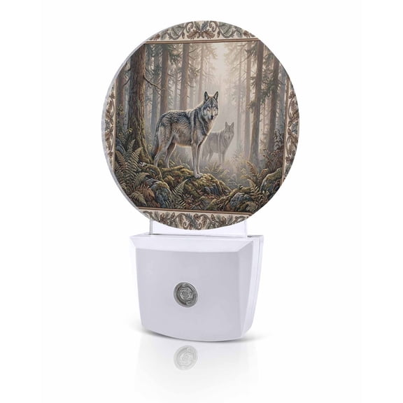 Night Lights Auto Sensor Forest Wolf Night Light Animal Sunlight Tree Leaves Round Lamp Plug-in LED Nightlights Dusk to Dawn for Living Room Bedroom Bathroom Hallway Home Wall Decor