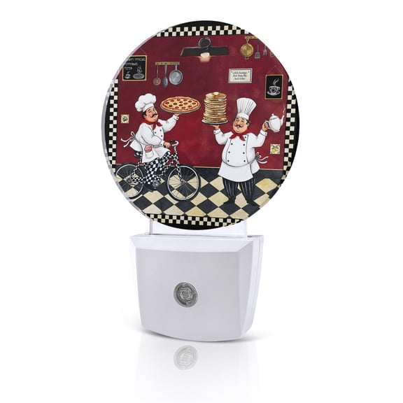 Night Lights Auto Sensor Funny Chef Night Light Cozy Kitchen Pizza Buffalo Plaid Round Lamp Plug-in LED Nightlights Dusk to Dawn for Living Room Bedroom Bathroom Hallway Home Wall Decor