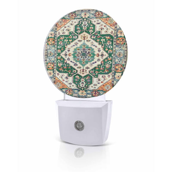 Night Lights Auto Sensor Green Bohemian Night Light Retro Flower Medieval Mural Round Lamp Plug-in LED Nightlights Dusk to Dawn for Living Room Bedroom Bathroom Hallway Home Wall Decor