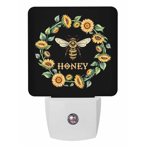 Night Lights Auto Sensor Honey Bee Daisy Wreath Plug-in LED Nightlights Lamp Dusk to Dawn for Living Room, Bedroom, Bathroom, Hallway, Stairways Home Wall Decor, Sunflower Leaves Black Night Light