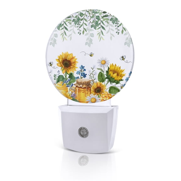 Night Lights Auto Sensor Honey Bees Night Light Dairy Sunflower Green Leaves Round Lamp Plug-in LED Nightlights Dusk to Dawn for Living Room Bedroom Bathroom Hallway Home Wall Decor