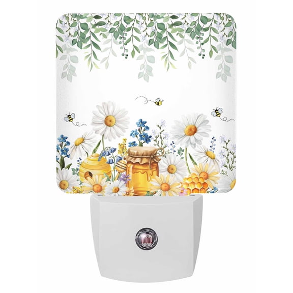 Night Lights Auto Sensor Honey Bees Plug-in LED Nightlights Lamp Dusk to Dawn for Living Room, Bedroom, Bathroom, Hallway, Stairways Home Wall Decor, Dairy Floral Green Leaves Night Light