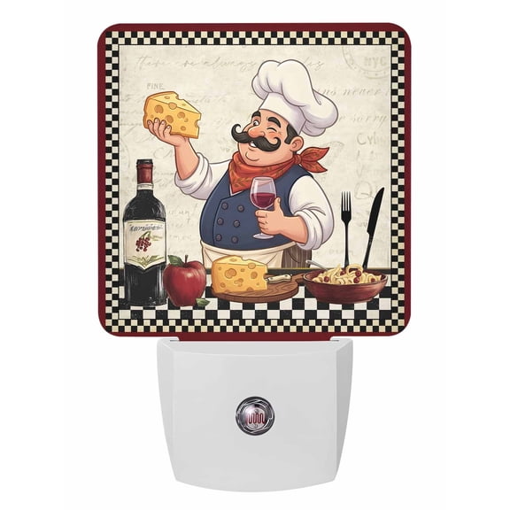 Night Lights Auto Sensor Kitchen Chef Plug-in LED Nightlights Lamp Dusk to Dawn for Living Room, Bedroom, Bathroom, Hallway, Stairways Home Wall Decor, Red Wine Cheese Bistro Black Plaid Night Light