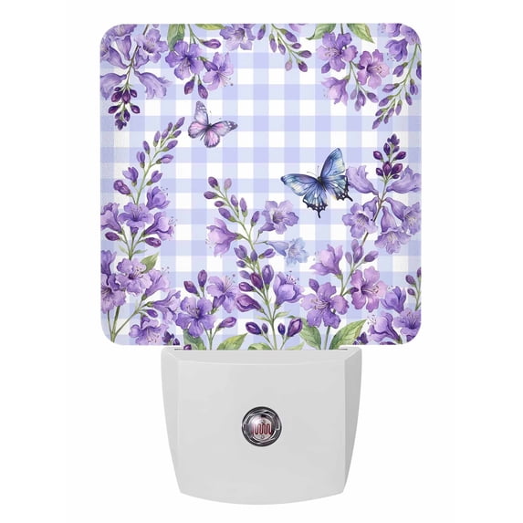 Night Lights Auto Sensor Lavender Floral Plug-in LED Nightlights Lamp Dusk to Dawn for Living Room, Bedroom, Bathroom, Stairways Wall Decor, Butterfly Wisteria Flower Purple Plaid Night Light