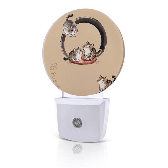 Night Lights Auto Sensor Lucky Cat Night Light Cute Japanese Style Beige Round Lamp Plug-in LED Nightlights Dusk to Dawn for Living Room Bedroom Bathroom Hallway Home Wall Decor