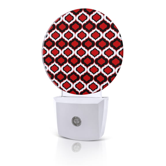 Night Lights Auto Sensor Moroccan Pattern Night Light Black Red Geometric Trellis Round Lamp Plug-in LED Nightlights Dusk to Dawn for Living Room Bedroom Bathroom Hallway Home Wall Decor