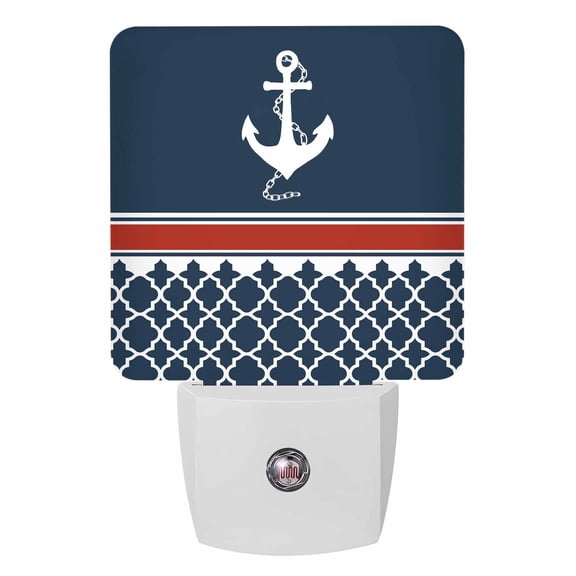 Night Lights Auto Sensor Nautical Anchor Plug-in LED Nightlights Lamp Dusk to Dawn for Living Room, Bedroom, Bathroom, Hallway, Stairways Home Wall Decor, Red Navy Blue Geometric Stripes Night Light