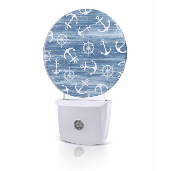Night Lights Auto Sensor Nautical Anchors Rudder Night Light Coastal Ocean Blue Round Lamp Plug-in LED Nightlights Dusk to Dawn for Living Room Bedroom Bathroom Hallway Home Wall Decor