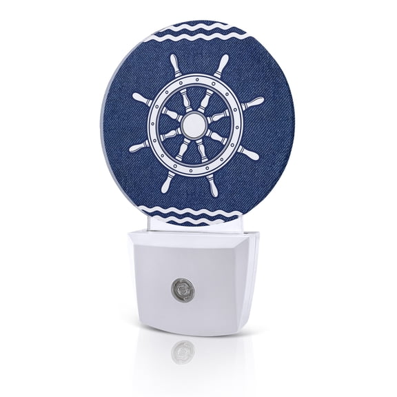 Night Lights Auto Sensor Nautical Captain's Wheel Night Light Helm Navy Blue Stripes Round Lamp Plug-in LED Nightlights Dusk to Dawn for Living Room Bedroom Bathroom Hallway Home Wall Decor