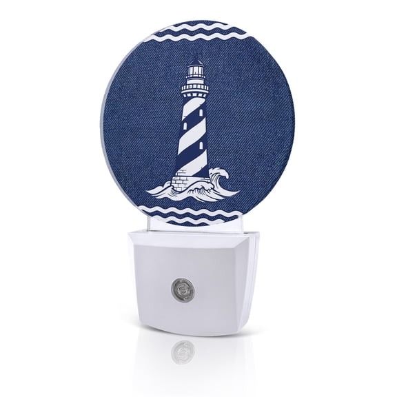 Night Lights Auto Sensor Nautical S Lighthouse Night Light Coastal Denim Blue Stripes Round Lamp Plug-in LED Nightlights Dusk to Dawn for Living Room Bedroom Bathroom Hallway Home Wall Decor